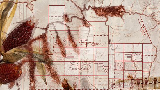 Collage of military track map, Onondaga wampum belt, and Haudenosaunee strawberry popcorn corn