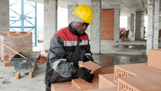 A man in a hard hat inspecting a pile of bricks.