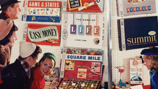 Illustration of people looking at a display of board games