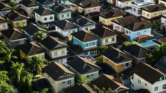 An aeriel view of rows of houses.