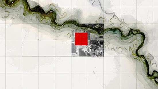 Gray, undulating lines over a grid, a red square in the center.