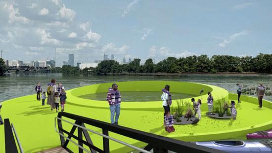 People walking on a bright green ring floating on water, city skyline in background, blue sky and clouds.