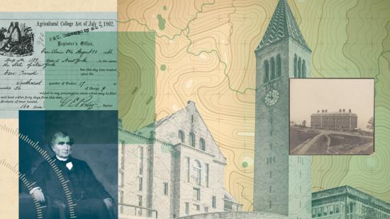 An old document, wavy lines, stone buildings, and old painting of a man.