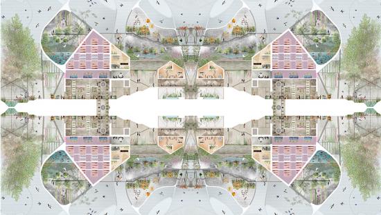 symmetrical section rendering of The Urban Symbiome network of building functions