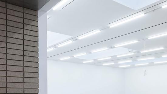 A brown brick wall and a white ceiling with rows of tube lights.