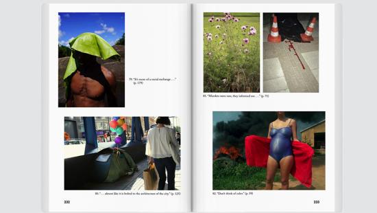 A book opened to pages showing colorful photograhs.