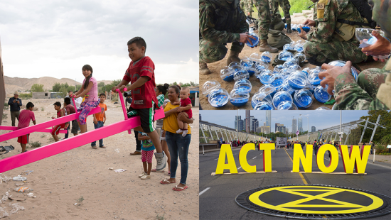 Collage of children playing, soldiers at work, and the message Act Now in yellow letters standing in a roadway