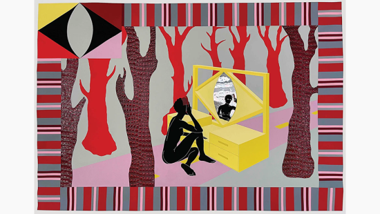 Collage depicting a person at a yellow dressing table in the middle of a wooded area