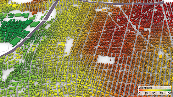A green, yellow, and red aerial relief map of neighborhoods