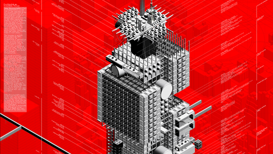 Illustration of a grey mechanical high rise on a red background with text at left