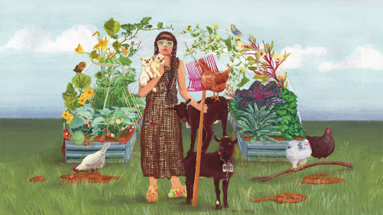 Painting of a yard with container gardens, chickens, calves, and a woman holding small dogs and a rake.