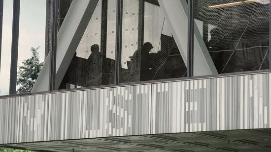 Three people in silhouette seen through tinted glass windows.