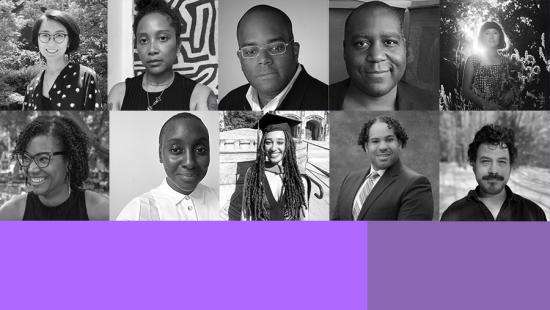 A grid of people with two tone purple shapes below them.