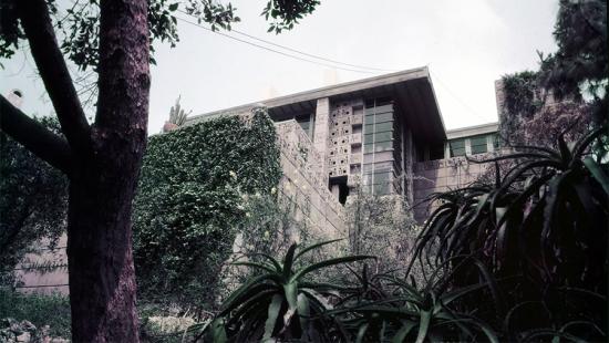 A building surrounded by trees and shrubs.
