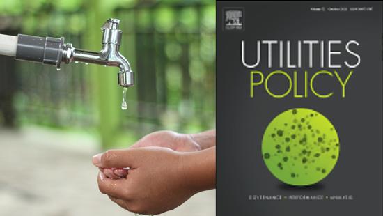 Hands under water faucet on the left, Utilities Policy logo on the right