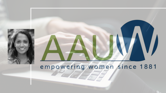 woman smiling to the camera imposed over hands typing on laptop and AAUM logo