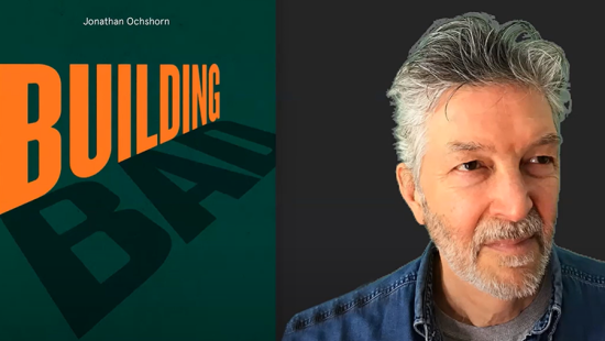 Green and orange Building Bad book cover on left and portrait of grey-haired man on right