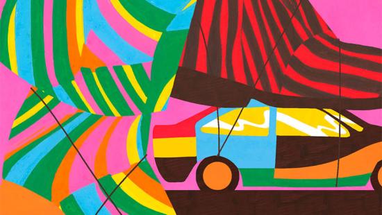 Brightly colored painting of an oversized boot stepping on a car roof