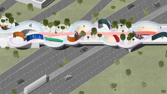 Illustration of a colorful pedestrian bridge across a multi-lane highway.