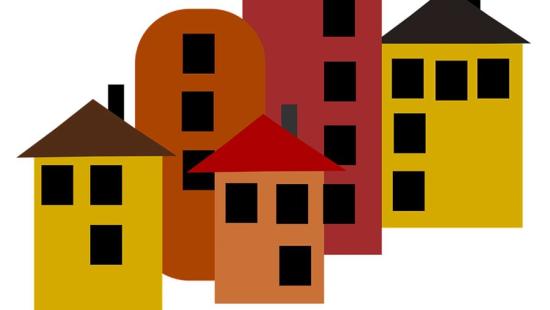 Illustration of blocky houses in bright read, orange and yellow colors with square black windows