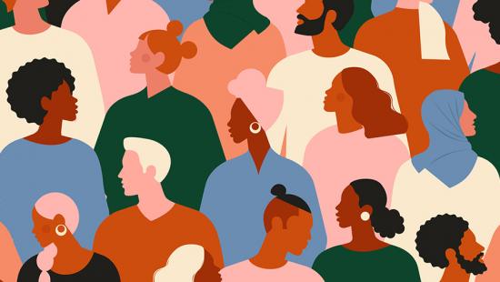 A dozen figures of people in bright colors.