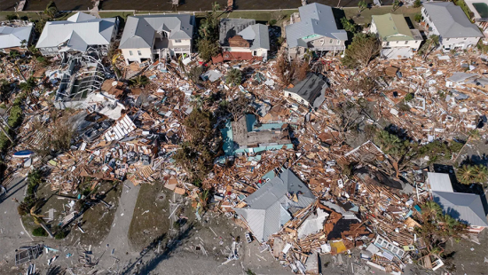 Aerial view of crushed houses