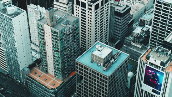 High rise buidings and rooftops in a city.