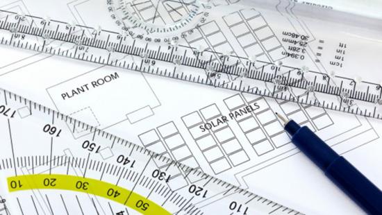 A ruler, a protractor, a pen, and a diagram.
