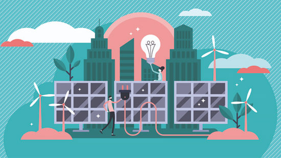 Illustration of an urban skyline with several wind turbines, a woman holding a lightbulb, and a man holding an electrical plug.
