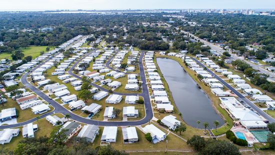 Aerial view of a large mobile home housing development