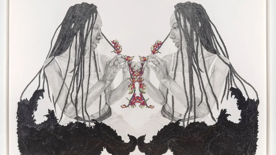 Pencil drawing of mirror image of a girl braiding flowers into her hair