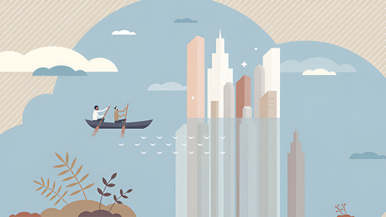 Illustration of skyscrapers half under water with two men in a boat rowing past