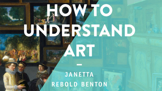 Painting of people visiting art gallery with book title overlaid