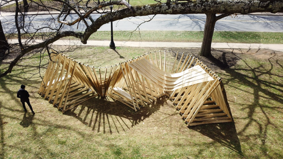 Large wooden sculpture on a lawn under a tree near the street and sidewalk.