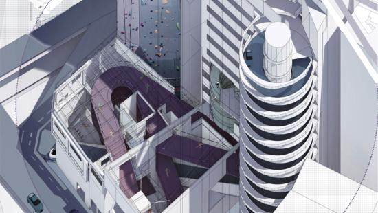 Urban landscape of buildings and towers in shades of purple and blue.