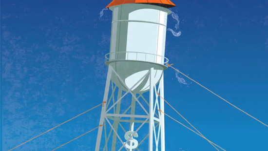 Illustration of a water tower with a dollar sign underneath being pulled off center by tie lines 