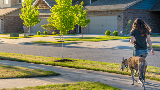 A woman walking a dog on the sidewalk in a suburban neighborhood.