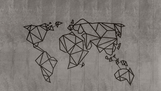 world map made of black geometric shapes on a grey background