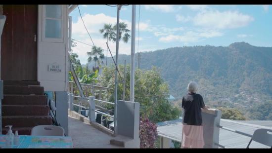 a still image taken from a film that capture a woman with white hair over looking the mountains.