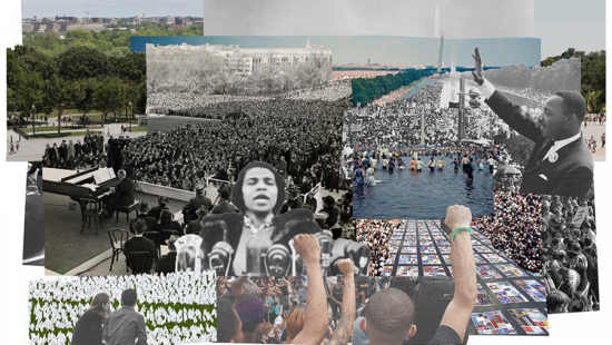 Collage of images from the history of the national mall.
