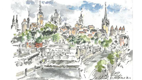 A watercolor painting of a town with trees, houses, buildings and streets.