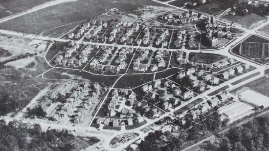 black and white aerial view of a planned city