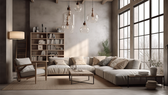 Apartment with floor to ceiling windows at right filled with taupe furniture