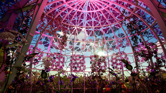 rendering of a pink dome with plants growing inside and around its frame