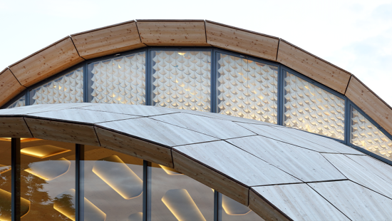 A large set of windows with white shell like structures installed in rows.