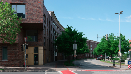 German street with a cross walk, brick building, and green trees.