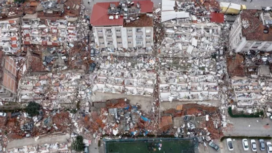aerial view of collapsed buildings after earthquake in Turkey