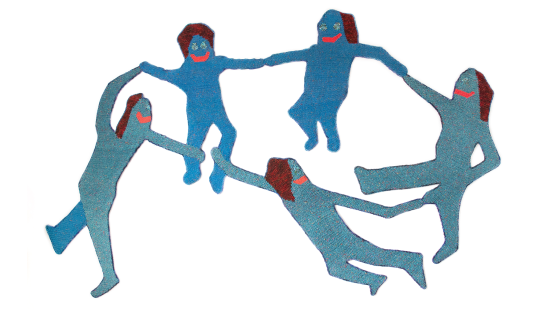 Blue crocheted figures holding hands in a circle