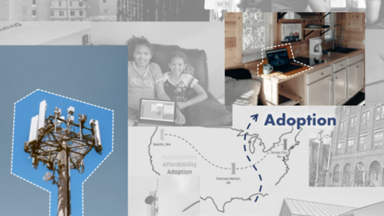 A collage of images of childrenm, a microwave tower, a laptop, and a map of the U.S.