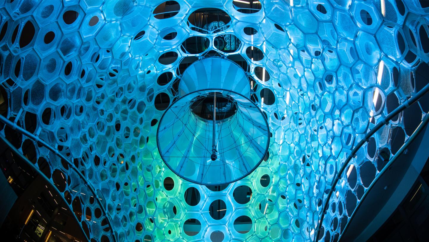 A bright blue and green structure with holes within.
